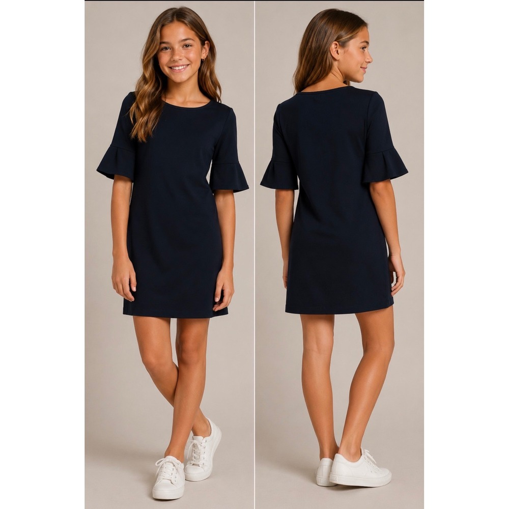 Polo Ralph Lauren Girls Navy Blue Shift Dress Ruffle Bell Sleeve NWT Sz L 12-14
